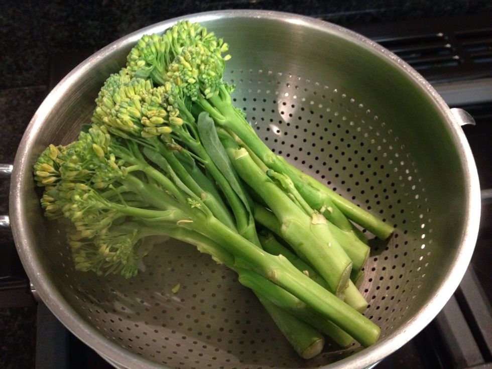 You can choose any greens but I started by placing some Tenderstem broccoli in a colander over a pan of simmering water. Make sure the bottom doesn't touch the water. This is your 'steamer'