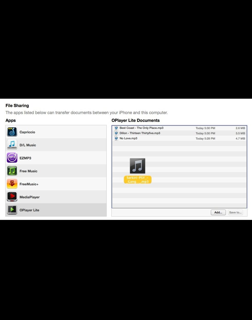 You can click on "Add..." to open the file browser and add files, but I prefer to just drag and drop my music into the list. You can also delete files or save it to your computer.