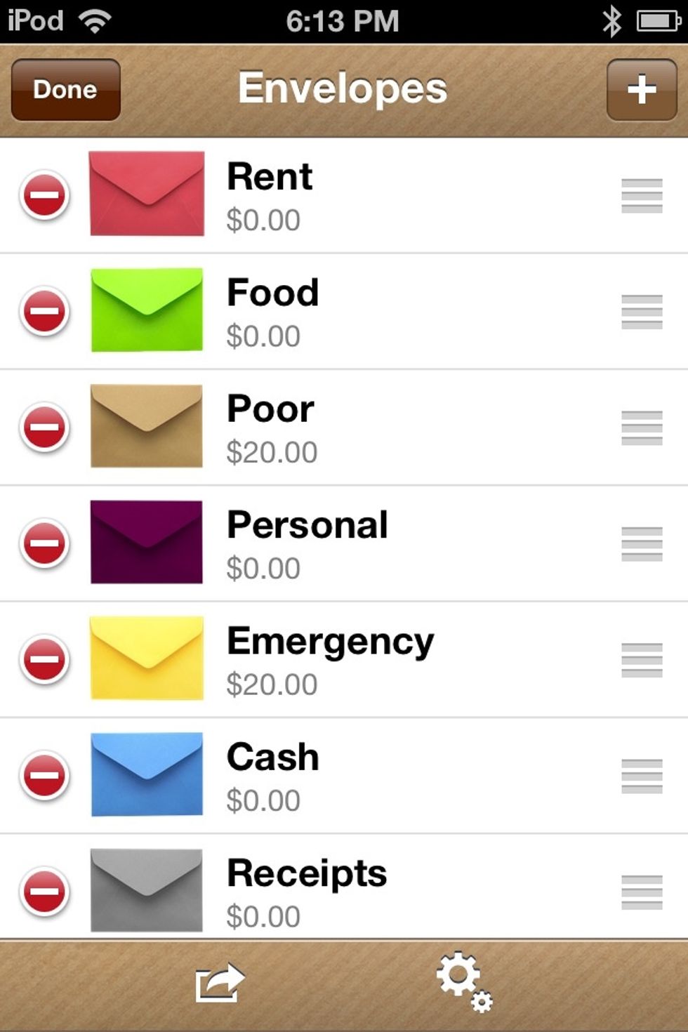 You can DELETE an envelope by tapping the RED + or you can re-arrange envelopes by tapping and dragging the THREE LIINES next to the envelope UP or DOWN. Tap DONE if you don't want to do this.