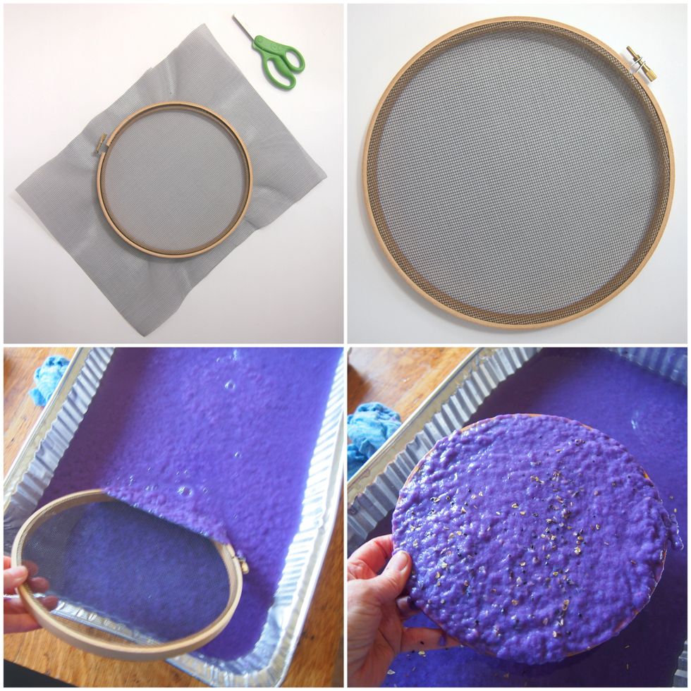 You can do the project with an embroidery hoop as well. Add the screen between the hoops then trim off the outside material and continue as above.