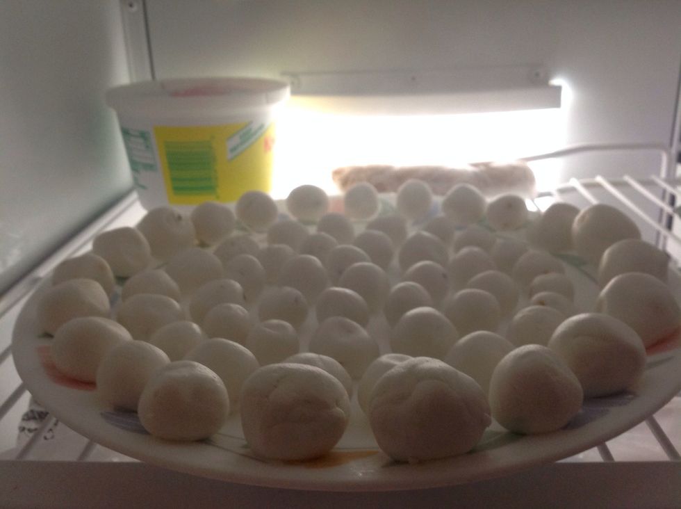 You can either immediately boil the rice balls or place them in the freezer to cook later. The frozen ones do not need to stay on the plate forever, they can be bagged once hard.