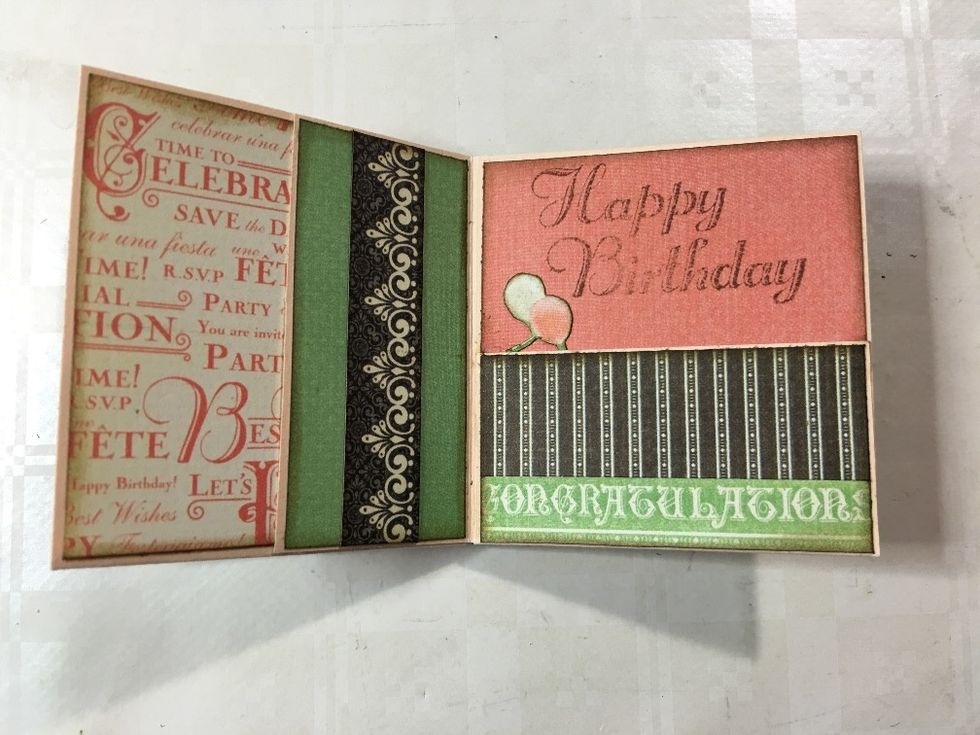 You can either mat first, then add a decorative strip (left page), or paper-piece two different strips of design paper together (right page). For this page I also fussy-cut two balloons (right page).