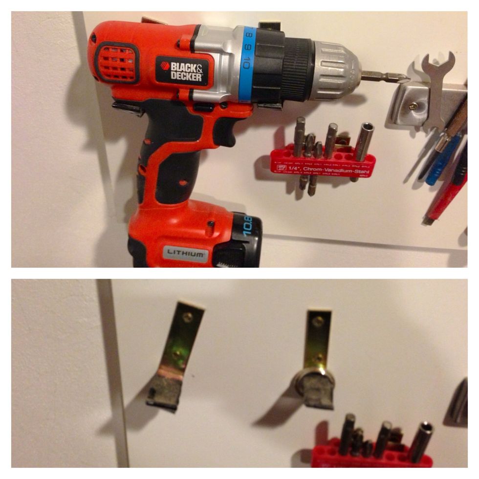 You can even hang a cordless screwdriver using L-brackets. The bottom part was bent a little and wrapped in rubber tape to avoid scratches.