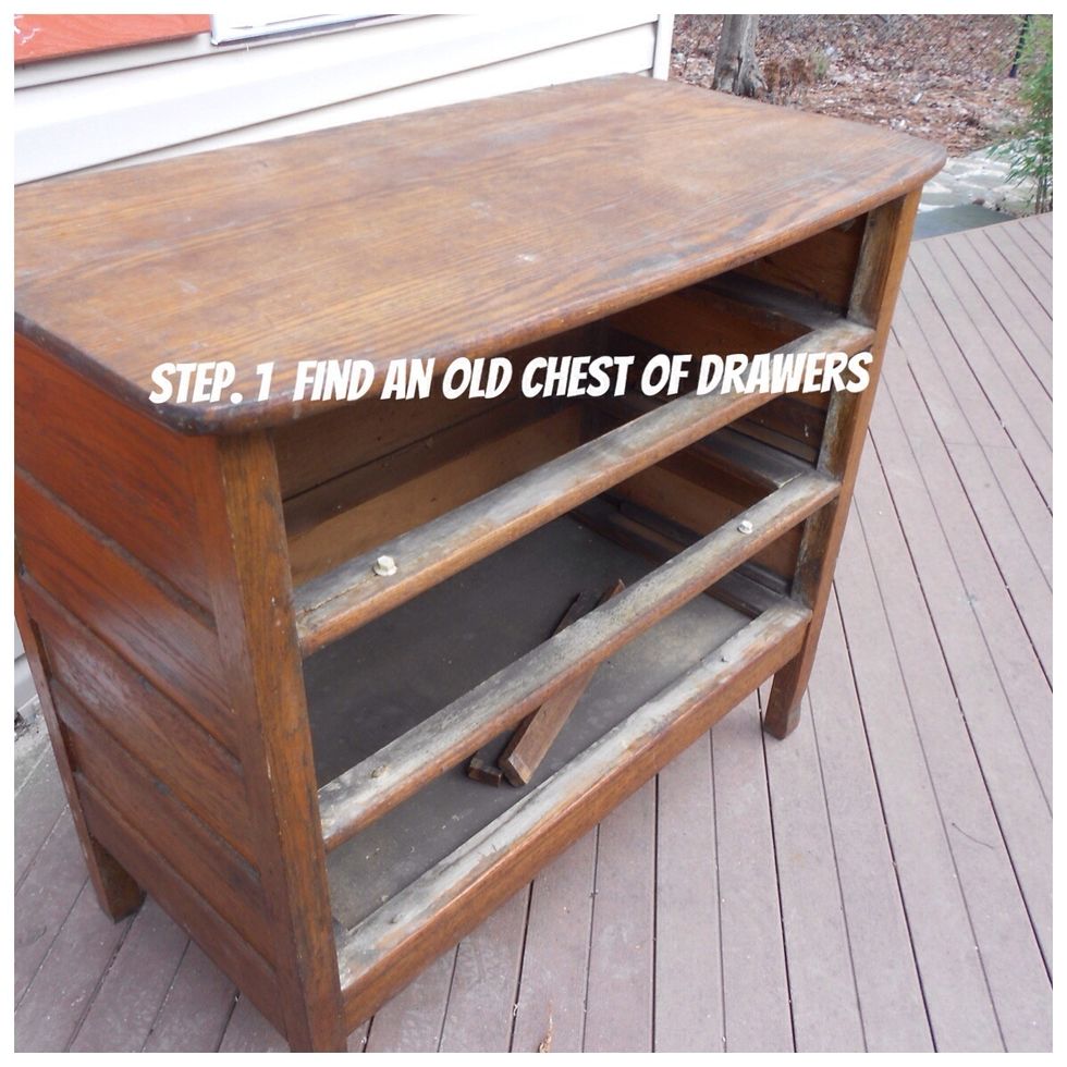 You can find cabinets at thrift shops, used furniture stores, yard sales, and the trash. Don't overlook old or damaged pieces. With a little work they make beautiful vanities.