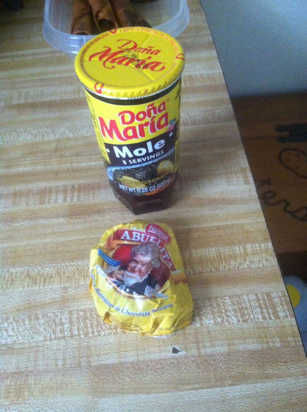 You can find these items at Walmart or at any Hispanic store. You only need half of the chocolate circle and the full glass of Dona Maria's Mole.