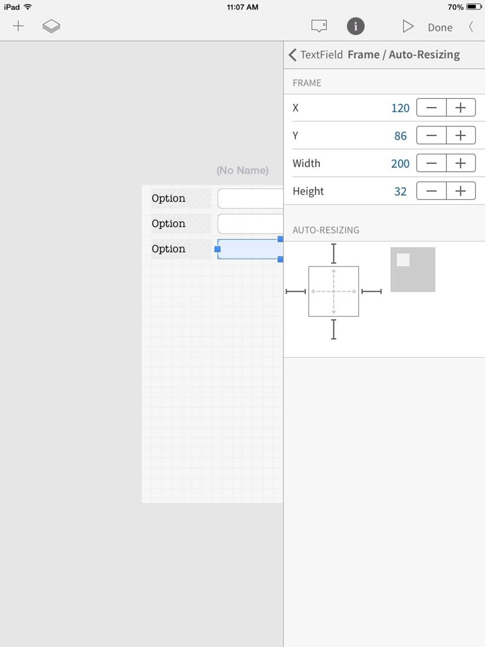 You can fine-tune the position and size of an object under the "Frame" section of the info menu. The Auto-resizing section allows you to set how the object re-sizes when the iPhone is tilted.