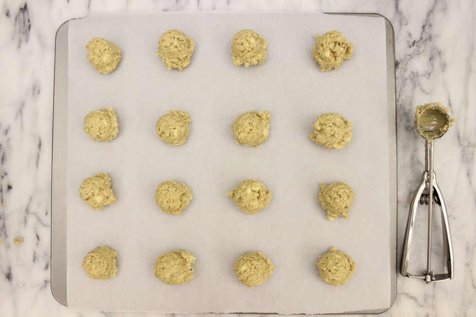 You can fit about 16 cookies per standard-sized baking sheet.