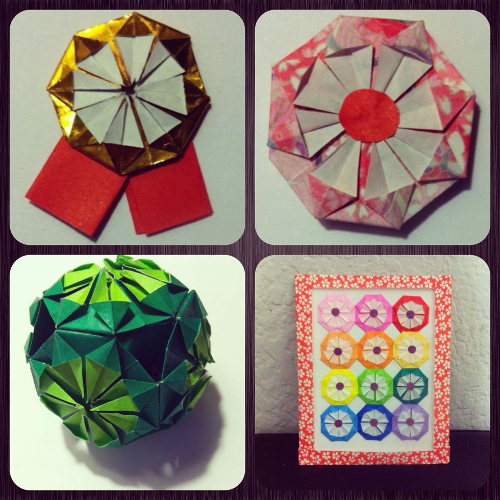 You can glue 2 back to back for ornament (pic2) or glue a pic in middle for frame (add magnet to back). In pic3, I glued 6 together (use corners u folded back) for decorative ball (add tassel). Pic4..