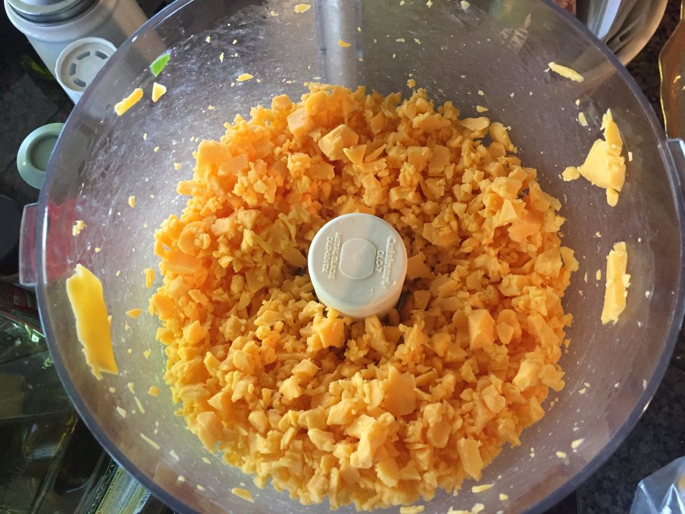 You can grate the cheddar, or dice it. This time, I crumbled it by pulsing it in my food processor.