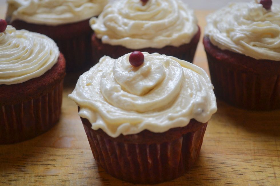 You can ice them with a cream cheese icing by taking 8 ounces of cream cheese and adding 2 cups of sugar and some vanilla.