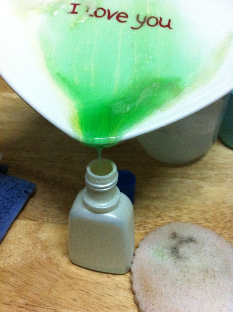 You can keep the remaining solution (if you used too much olive oil and liquid soap just like I did) for next time. So I poured the solution into an old Cetaphil container (I just removed the label).