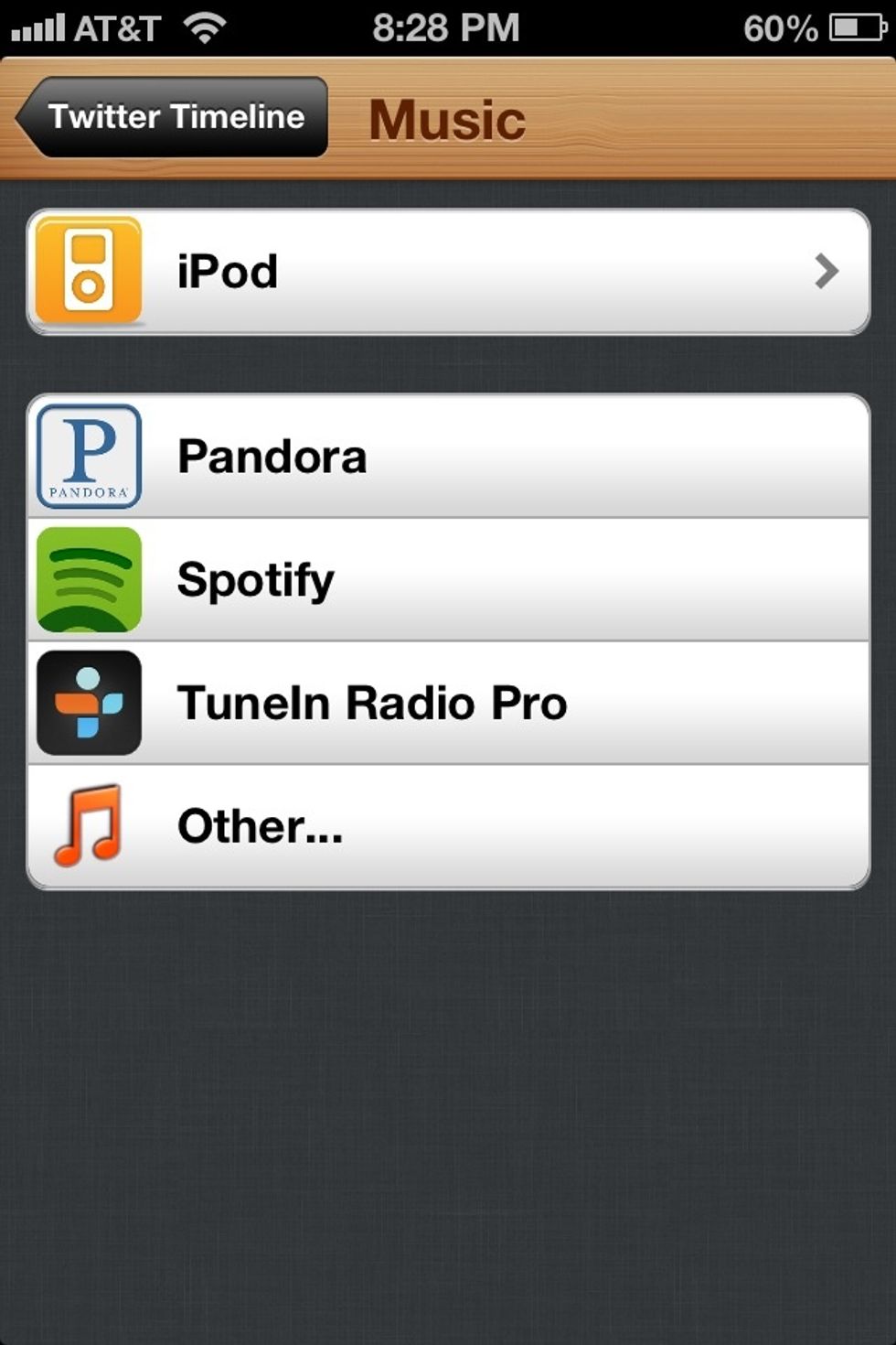 You can listen to music from just about any music or radio app you have on your device. When a tweet is spoken aloud the music will fade down in volume. Then fade back up after tweet is read aloud.