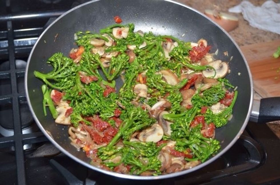 You can now add the mushrooms and cook them down. Spread them out in the pan and let them breathe!  Then add broccoli and sundried tomatoes and cook until tender crisp. Season with salt and pepper.