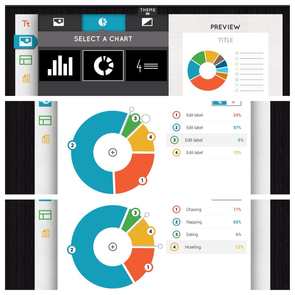 You can now also add charts and tables SUPER easily. Just choose the type, edit the percents by tapping on the grey circles & moving them around. Then add your categories.
