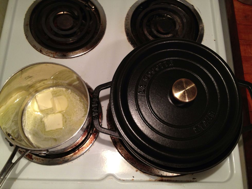 You can now crack the lid on the popcorn open just a tiny bit to let the steam out while it pops. This will make the popcorn more crisp. You can also melt the butter now on low in a small pot.