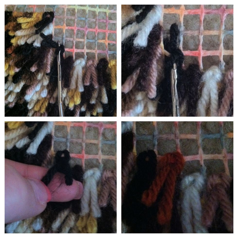 You can now let go of your loop of yarn. Pull the hook tool all the way down, until it moves through your yarn, making a knot. You have just made your first knot (mentally, anyway)!