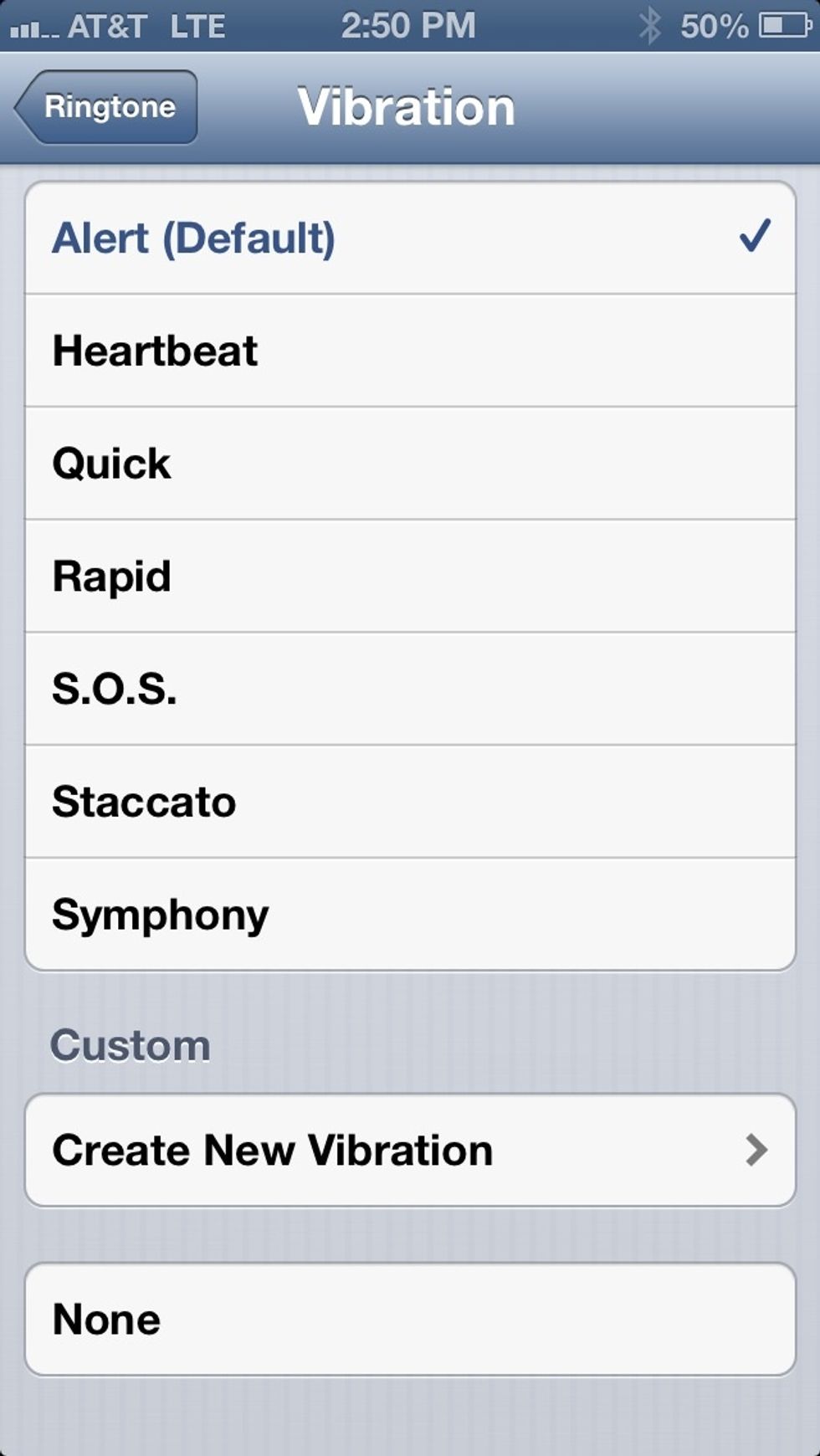 You can now select a preset vibration or you can create your own custom vibration.  So lets create our own, Tap Create New Vibration