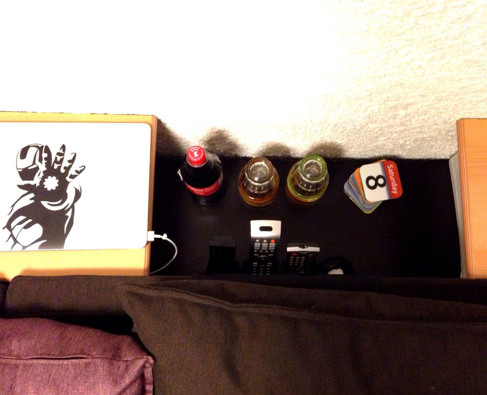 You can place beverages, glasses and your coasters between the hidden compartments & your chargers are also at hand.