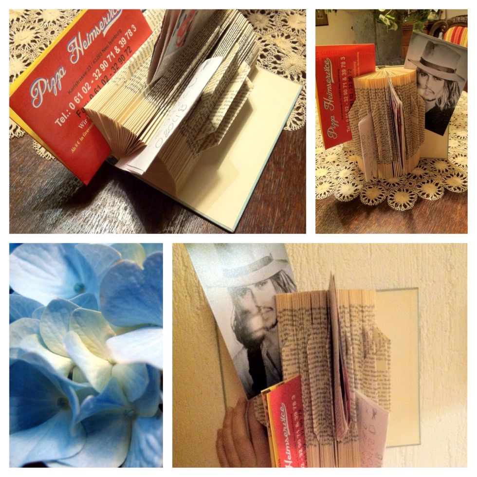 You can put your notes, photos, recepies or other stuff you may keep between the pages. It can lay flat on your desk, stand upright or hang on the wall!