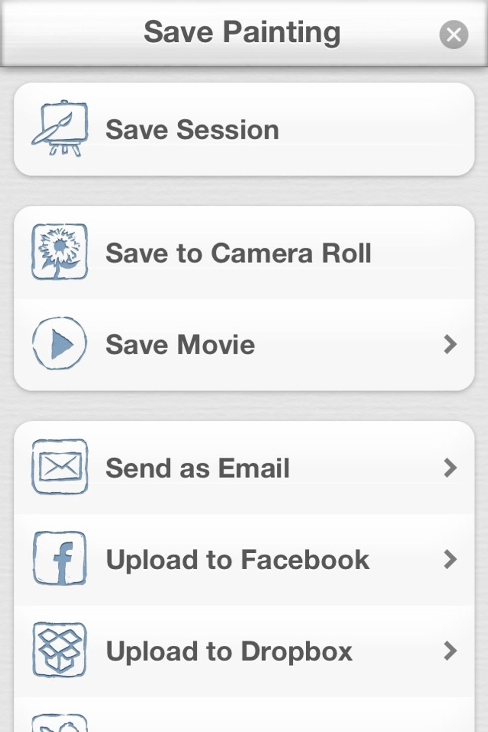 You can save the session for later, save an image or video to your library, or share online.