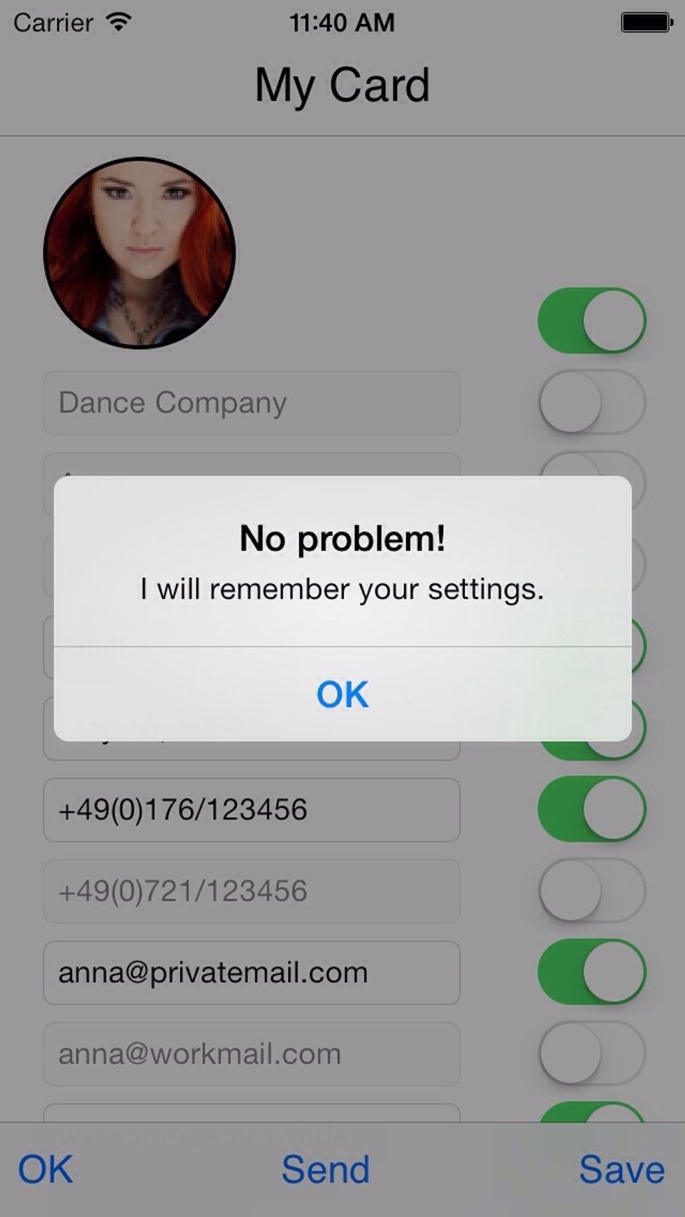 You can save the sliders by pressing the "save" button. Your information will be saved automatically by pressing "ok".