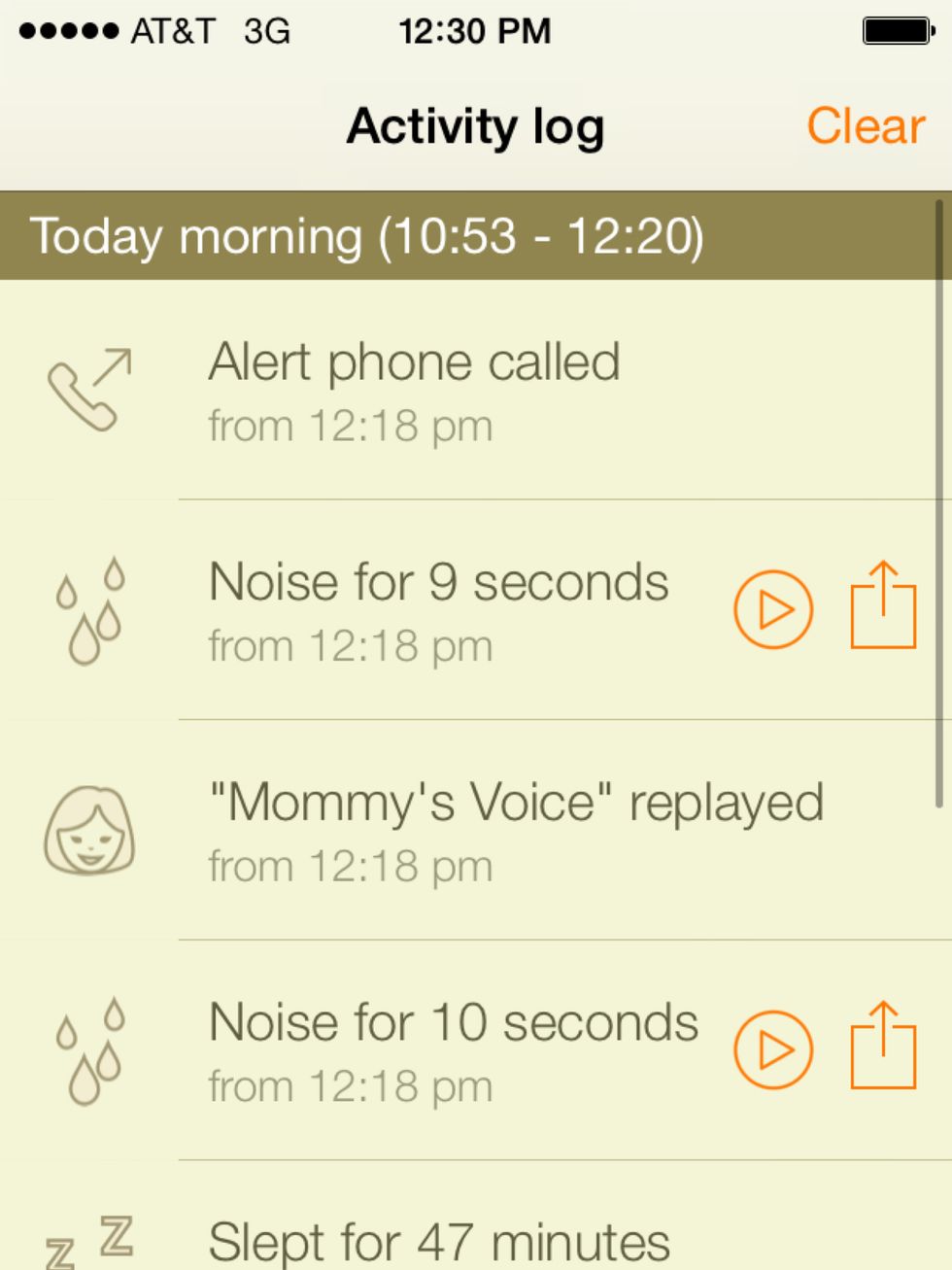 You can see exactly what happened in child room in sleep log. You can also play all the noises or email it directly
