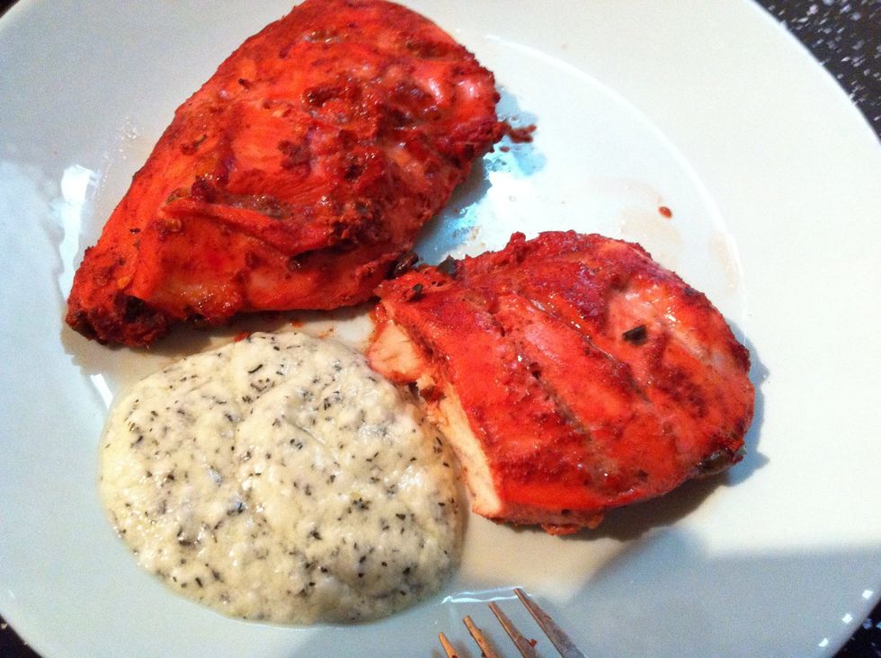 You can see from the sauce the Yogurt is thick, it's because I just wanted to eat it! I made 4 breasts with this mix.
