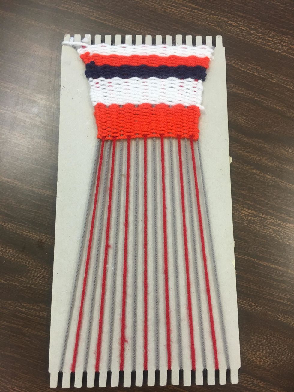 You can see I chose larger color blocks for fun, but stuck with the same basic stitch. My weave is getting tighter in the middle. It was hard to prevent it from happening at all.