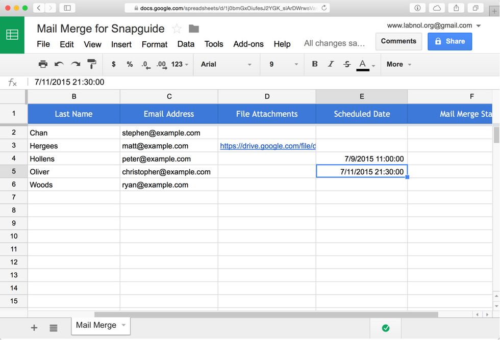 You can send your emails immediately or schedule them for sending later. Put the date and time in the Scheduled Date column and the app will send emails to the corresponding recipient at that time.