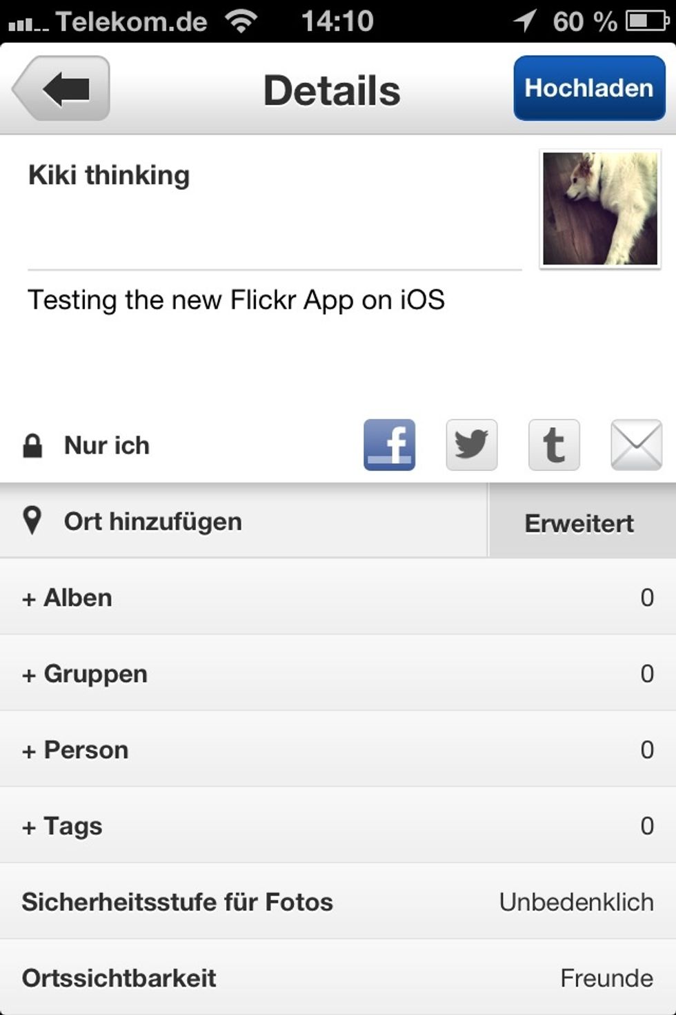 You can set up the sharing options for Facebook, Twitter, Tumblr or even via Mail.  I will add it to a album called ...