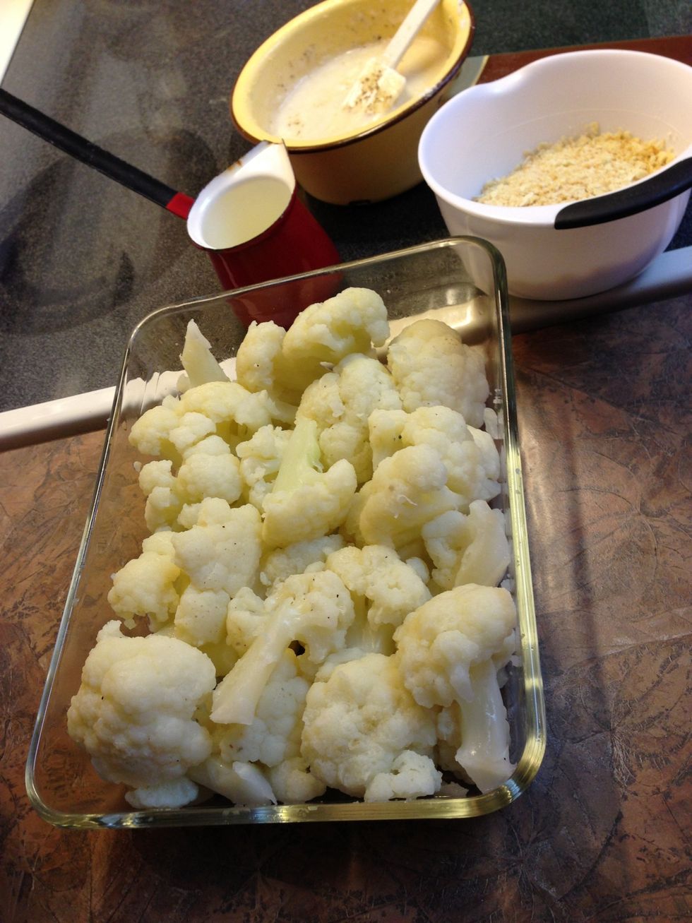 You can spoon cauliflower into casserole & add sauce and eggs like I did this time, or... I've also mixed in a large bowl before spooning into casserole.