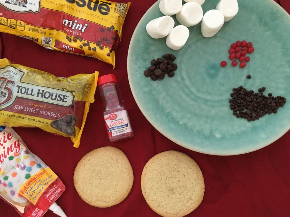 You can substitute currents for eyes and cranberries for noses. You can use any sugar cookie recipe to make the actual cookie.  The prepared refrigerator cookies make this a speedy Holiday Activity.