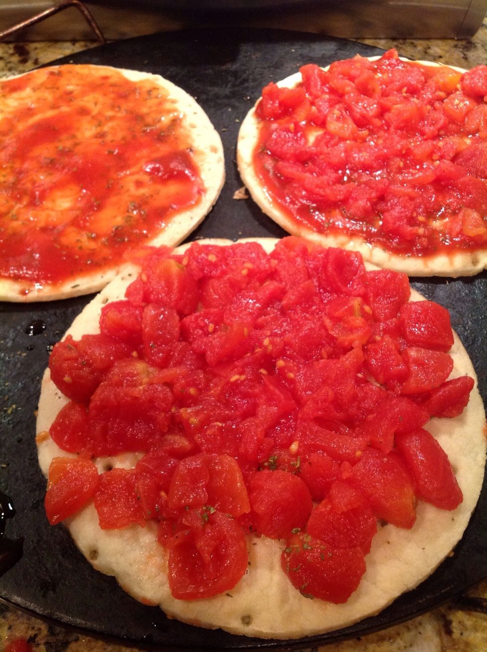 You can top each crust with pizza sauce or diced tomatoes or both. See how each crust is topped differently? If you decide to use pizza sauce select a brand without added sugar.