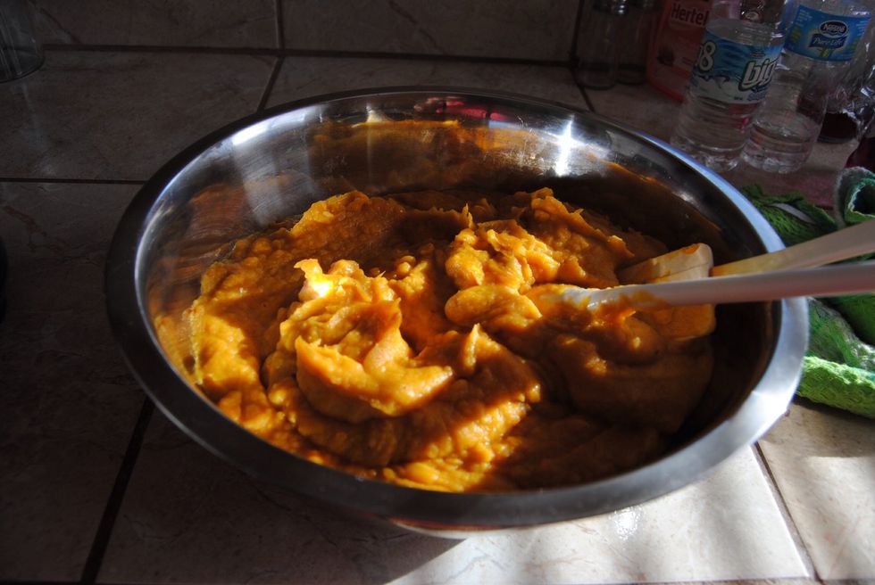 You can transfer back into a bowl as you blend (you won't be able to fit all of the mixture into a blender at once)