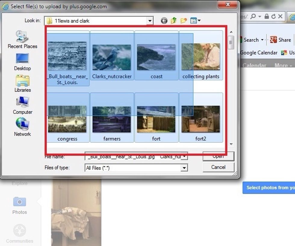 You can upload several images at once.   Click the right mouse and shift key (all at the same time). Drag the blue square over all the images you would like to upload.