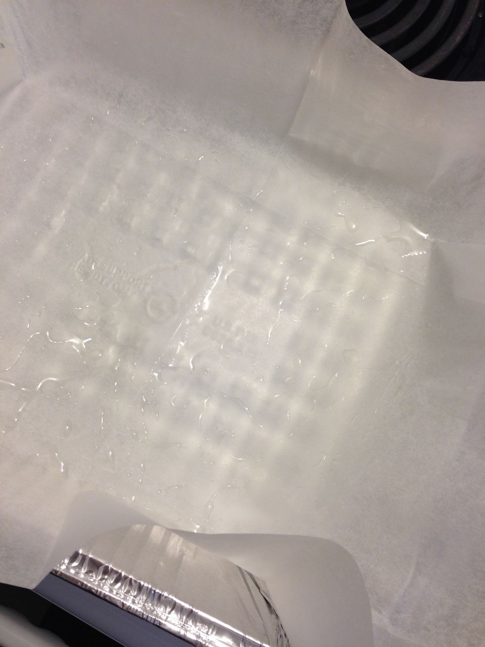 You can use any size pan. We used a 9" x 13". Line it with parchment paper and dab some oil around (especially the sides) And you are now ready to pour in the batter.