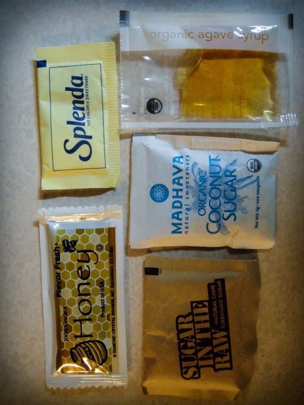 You can use sweeteners of your choice. I don't use individual packets at home (I think it's a waste) but when the guests come I find it useful.