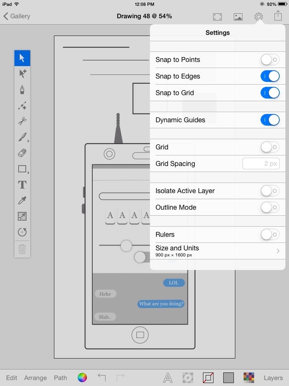 You can view your mockup as an outline from the settings menu. From here, you also turn on Snapping.