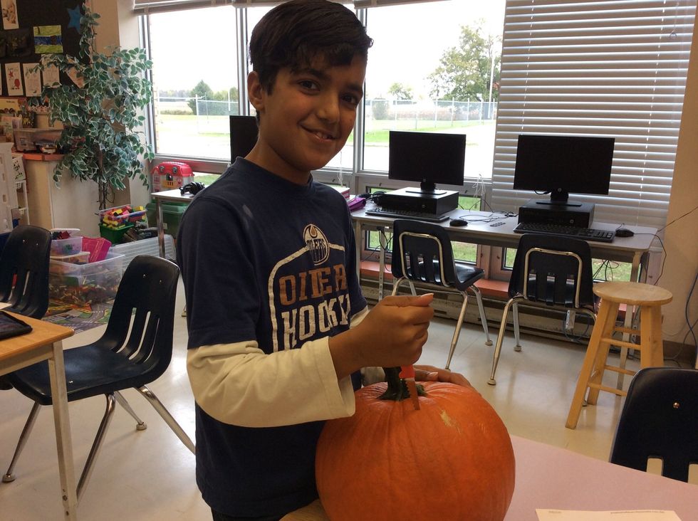 You cut the pumpkin on the top with a small knife