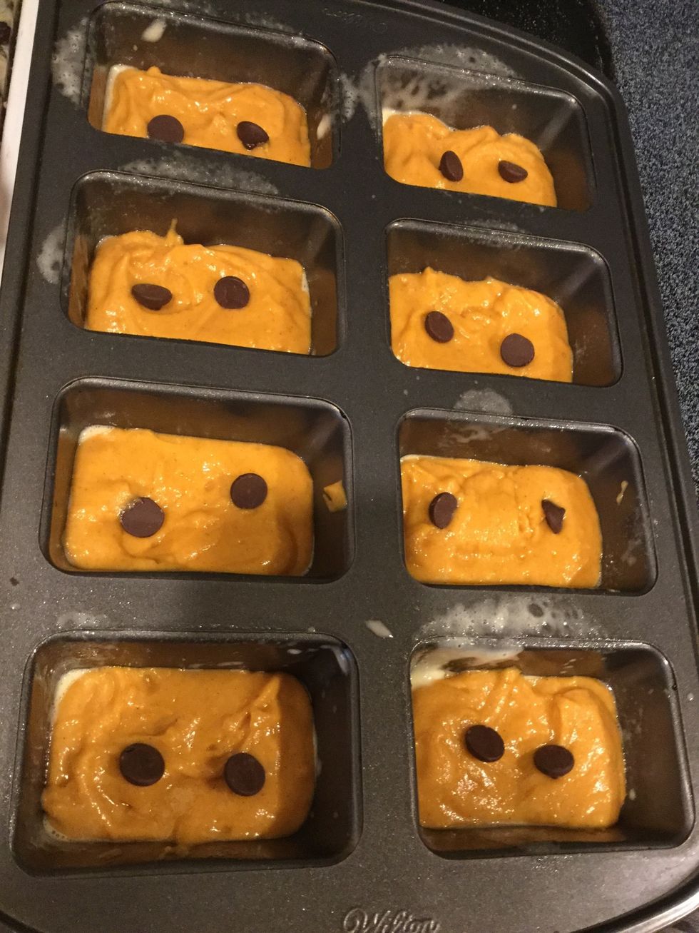 You don't have to do this, but I will be selling these (and if you're wondering, yes, I am licensed.). Fill it halfway up, and add a few chocolate chips for each mini loaf.