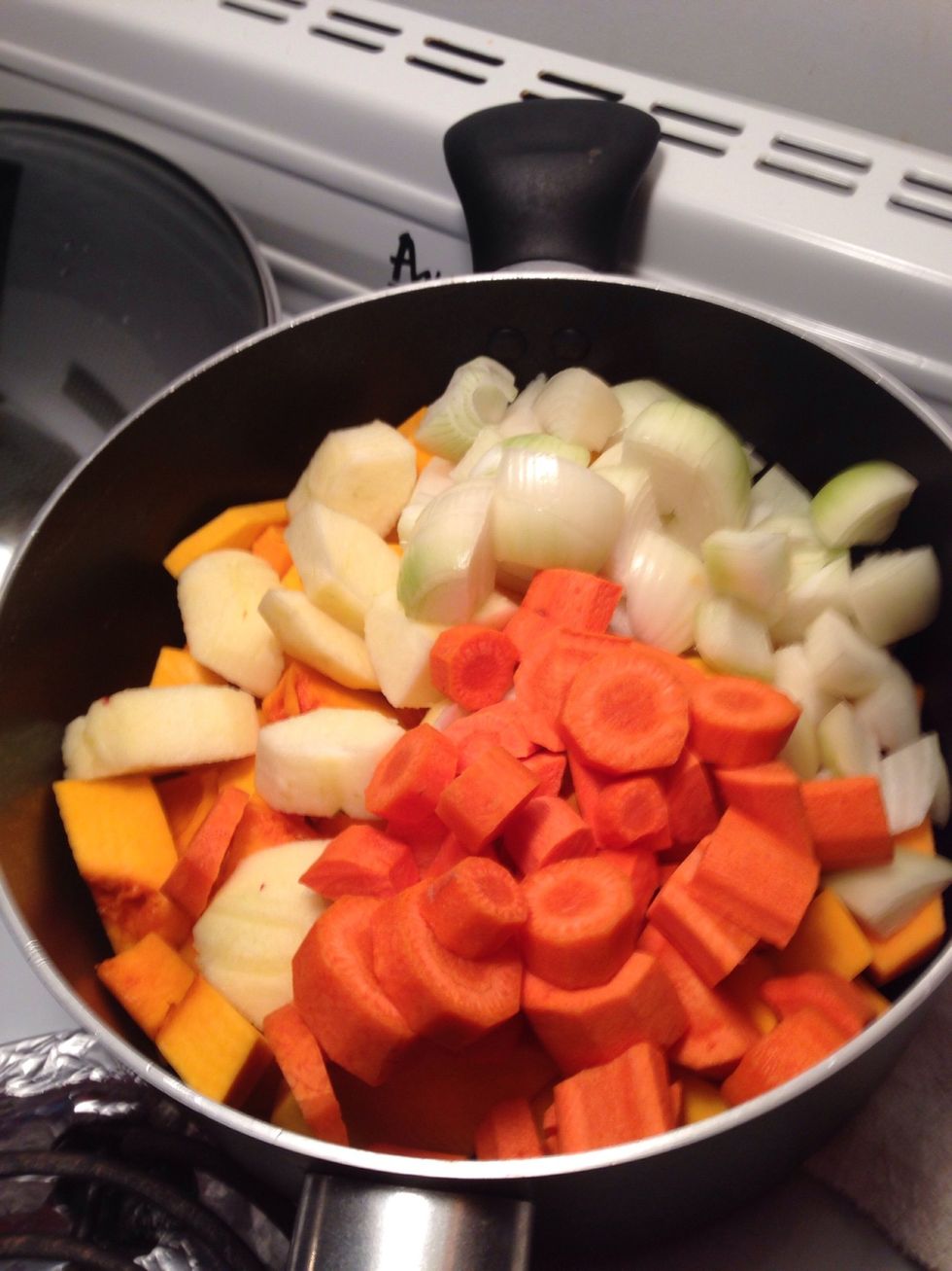 You don,t have to saut\u00e9 anything just toss everything to a pot large enough put enough cold water to cover everything and bring to a nice simmer.