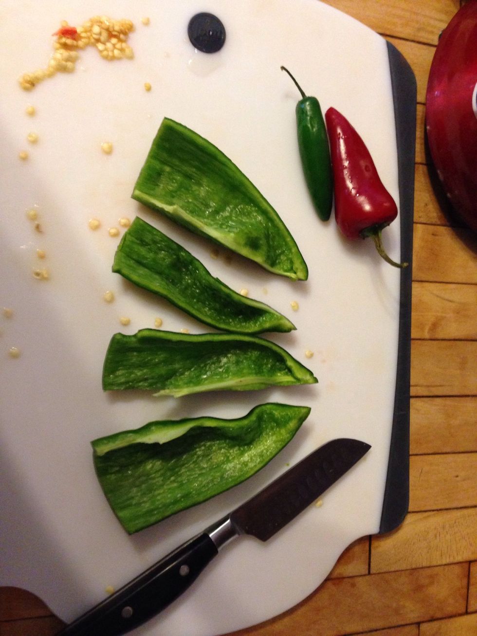 You don't need to cut into too many slices. The peppers will be boiled then pur\u00e9ed.