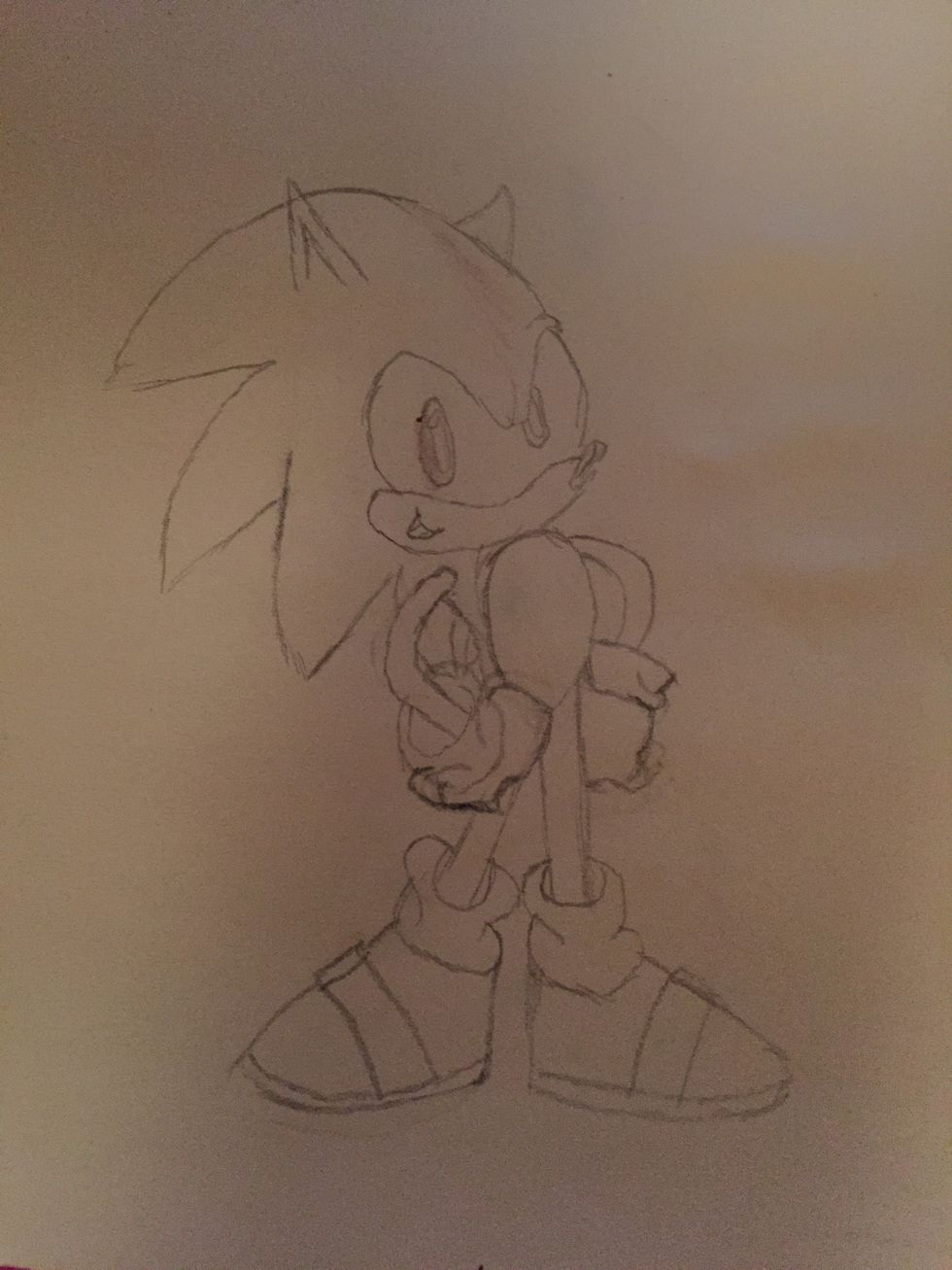 You draw the socks,shoes, and the gloves. Then you grab your colored pencils and get started to color sonic