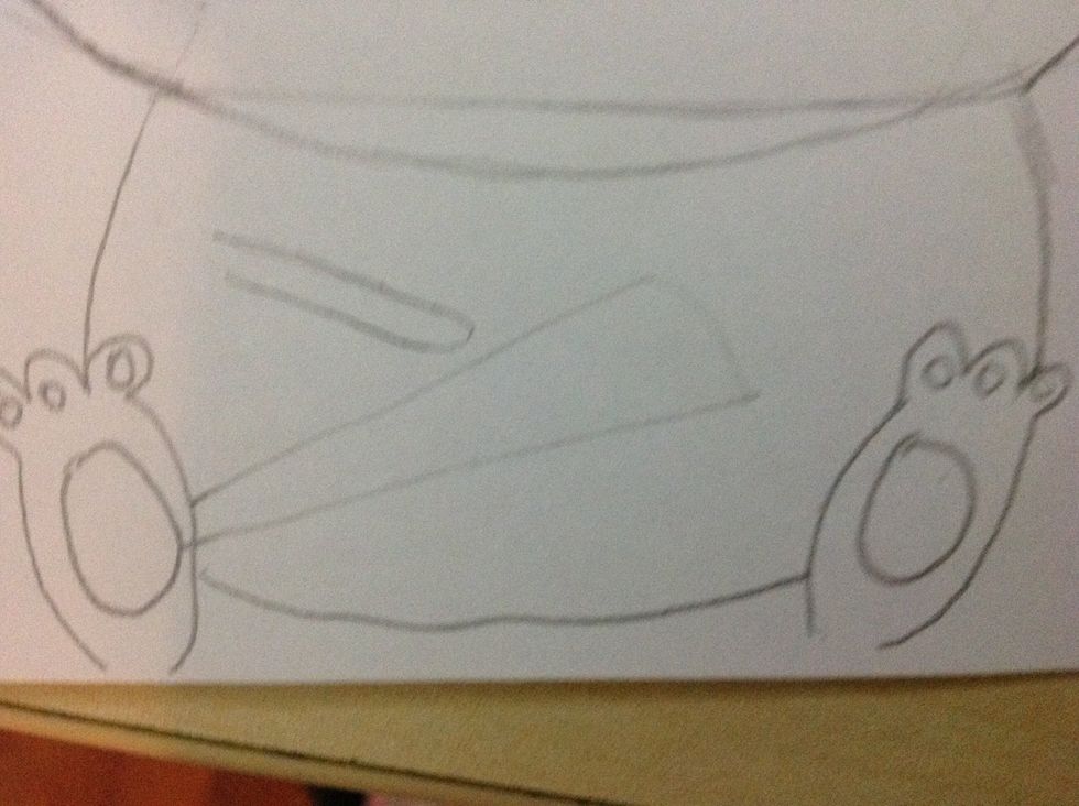 You first want draw feet like this. Then draw a curved line underneath so the two feet meet, then draw lines going up on both sides. And draw a little arm and a other little arm coming from the feet.