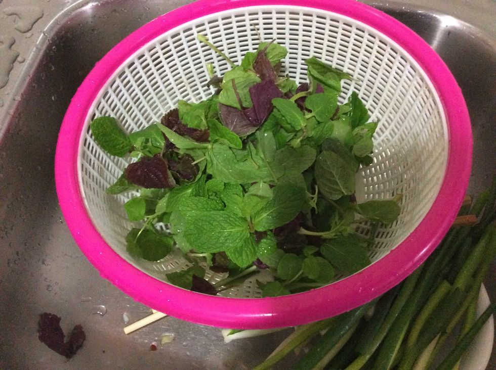 You first would want to wash your leaves and other vegetables you would like to put in your rice paper rolls.