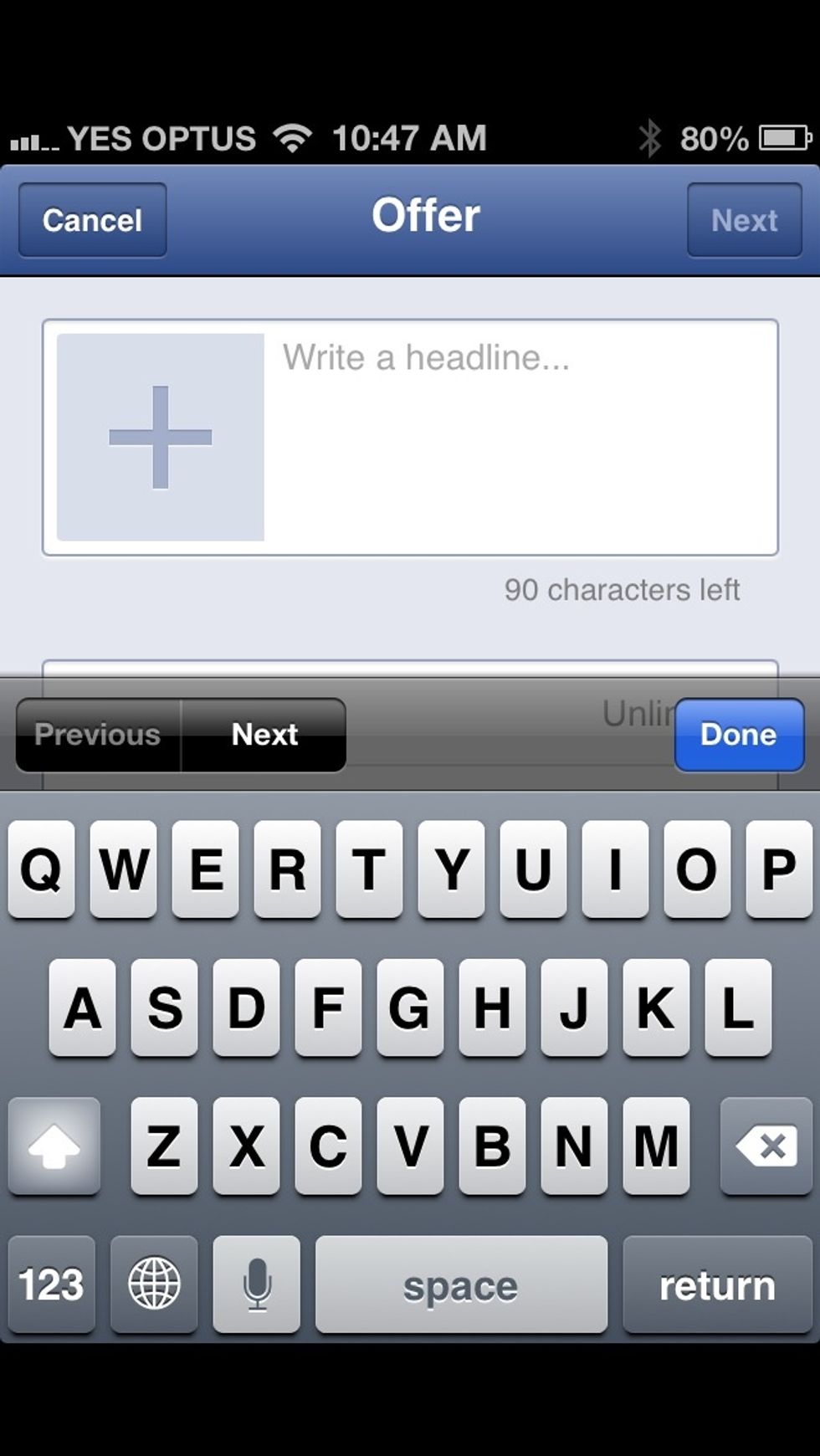 You have 90 characters to explain what the offer is. In the following sideshows - in preview - you'll see what I've written as the offer.