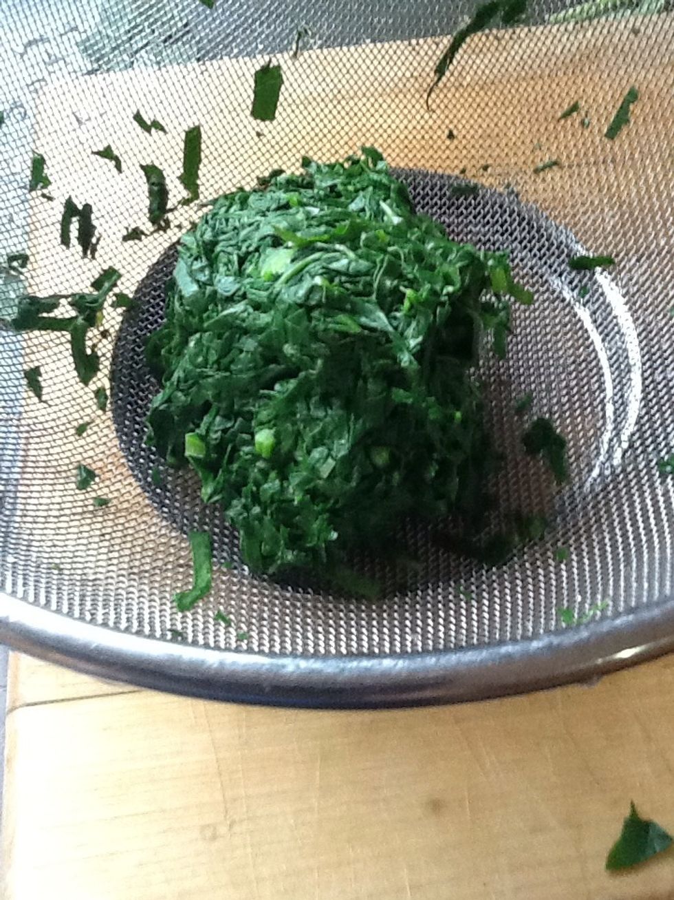 You have the kale cut very fine or use the processor. Put the kale on fine colander After have boil water put over the kale next put cold water over make a ball put a side