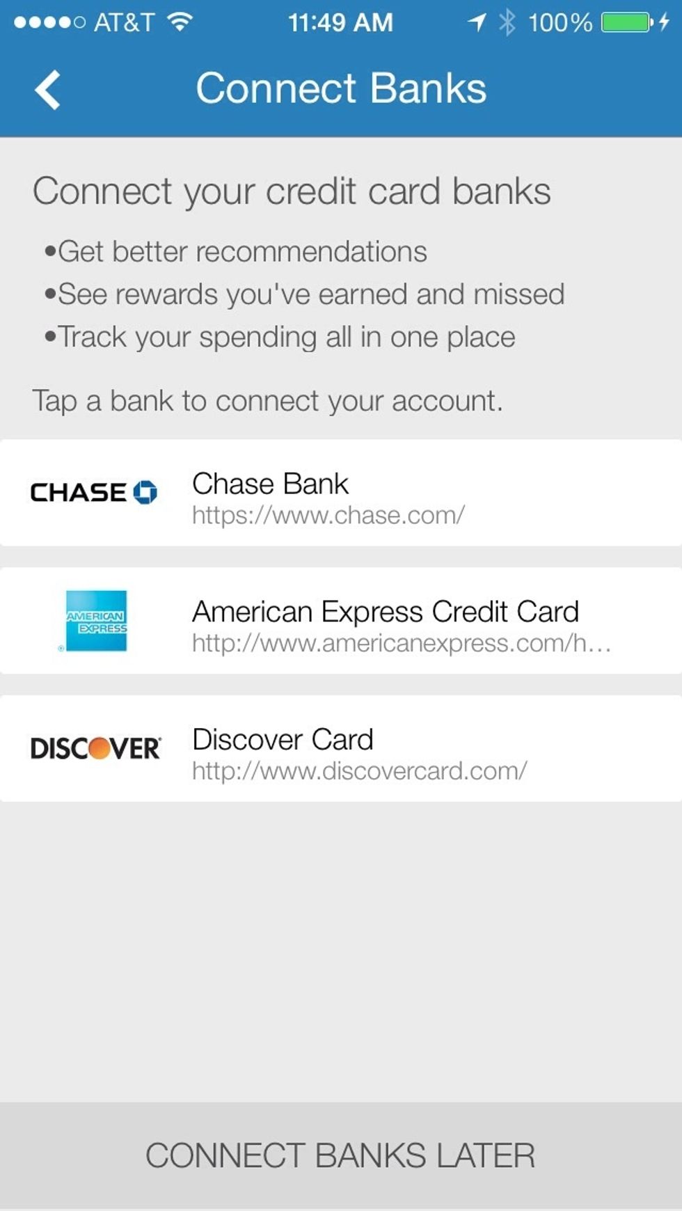 You have the option to connect to your bank account but you don't have to. By connecting to your bank, the app can track your spending and tell you how much in rewards you are earning or missing.