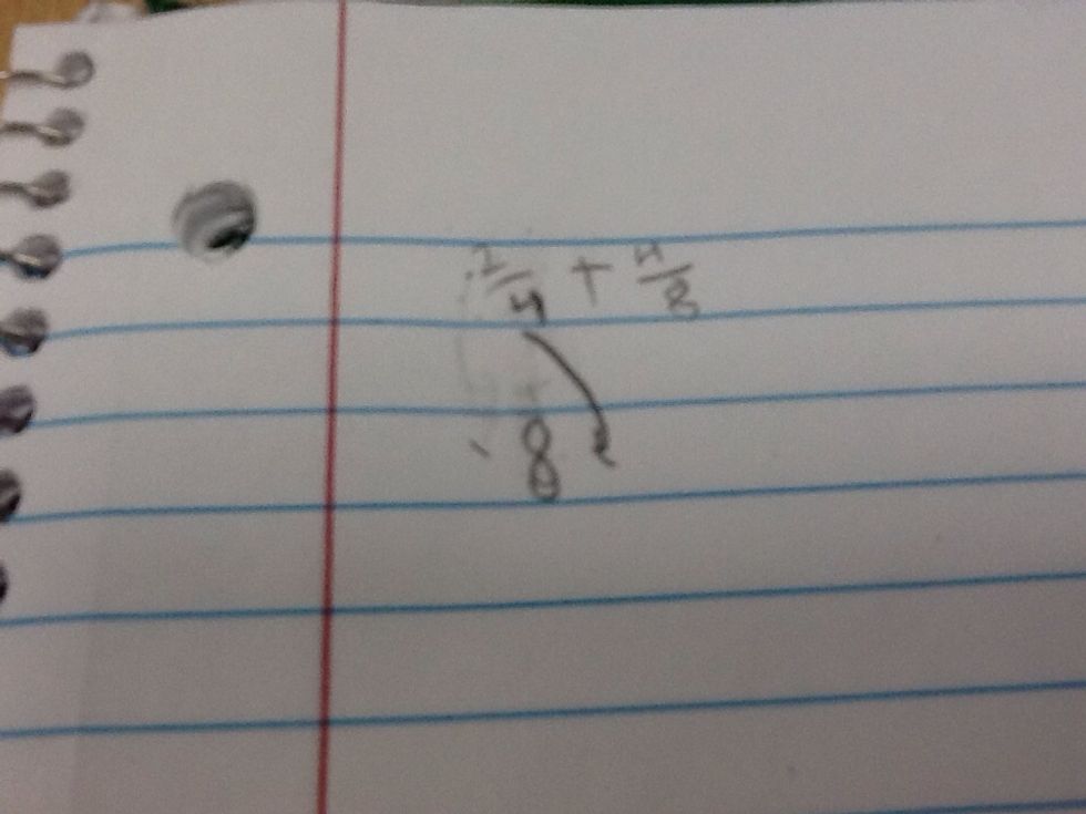 You have to find a common denominator for example 2/4 + 4/8 ,so you have to multiply the 4 x 2 which will make the denominator 8
