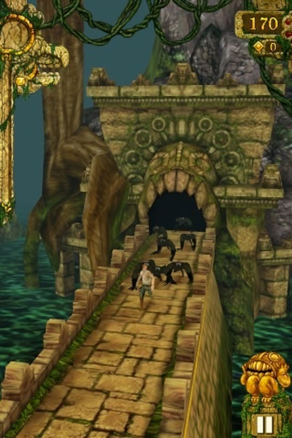 You have to try and run away from those ugly big monsters. They try to eat you from touching there precious little temple thing.
